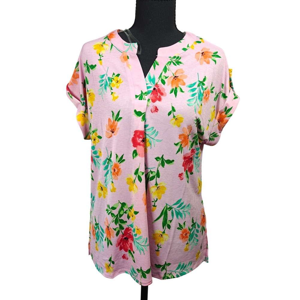 Dear Scarlett Lizzie Short Sleeve Wrinkle Free Floral Pink Split V-Neck Top Med - Picture 2 of 12